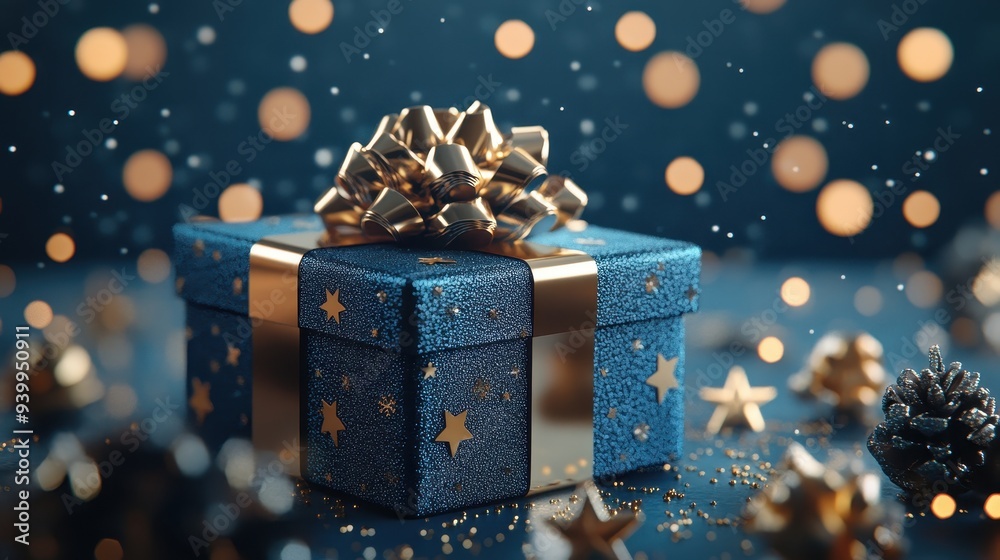 Blue Gift Box with Gold Bow and Stars on Blue Background with Bokeh Lights Blue Gift Box with Gold Bow and Stars on Blue Background with Bokeh Lights