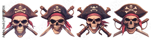 pirate skull logo. dead man head, skeleton bone sign vintage symbol threat evil sword hat vector illustration