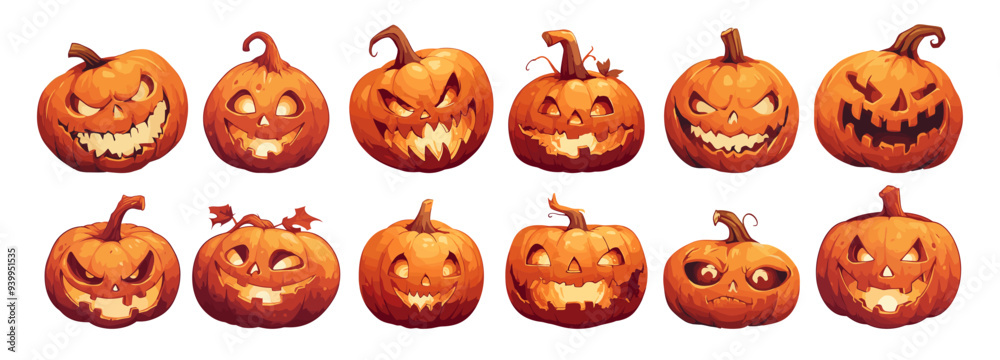 Fototapeta premium pumpkin lantern. halloween, jack o lantern emotions glowing orange evil candle symbol vector illustration set