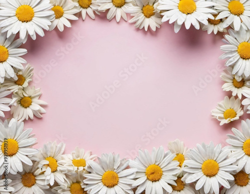 White daisy flowers with yellow centers arranged in border around pastel background. Daisies are fresh and vibrant. Edges of frame. Image provides simple, natural backdrop for text or design elements.