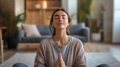 Wallpaper Mural Healthy serene young woman meditating at home with eyes closed, relaxing body and mind sitting on floor in living room. Mental health and meditation for no stress Torontodigital.ca