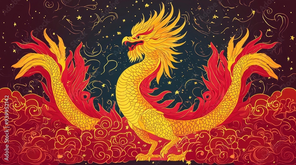Golden Dragon in a Night Sky with Stars and Clouds Golden Dragon in a Night Sky with Stars and Clouds