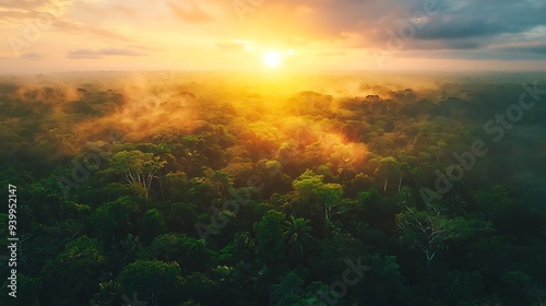 Wallpaper Mural Beautiful green amazon forest landscape at sunset sunrise. Adventure explore air dron view vibe. Graphic Art Torontodigital.ca