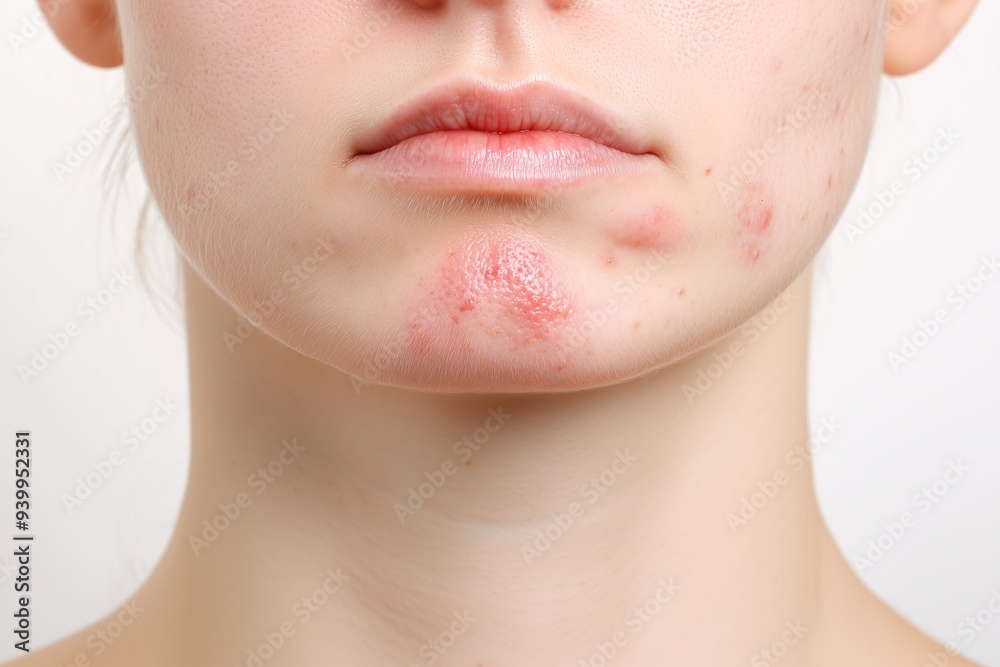 Obraz premium Close-up of woman`s face, the neck and skin around it with redness and pimples, content for medical and social publication about problem skin and cosmetology service, beauty poster, banner