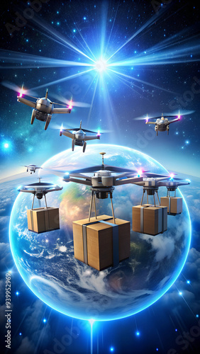 A futuristic shipping company uses enchanted drones powered by mystical energies to deliver packages instantaneously across the globe photo