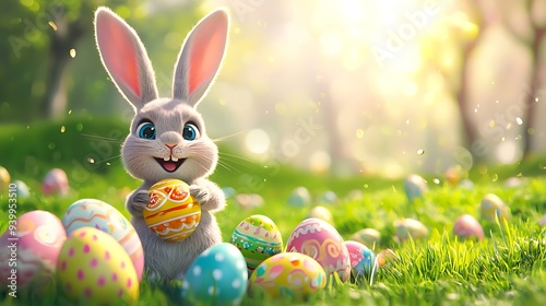 Happy Easter Bunny with many colorful easter eggs