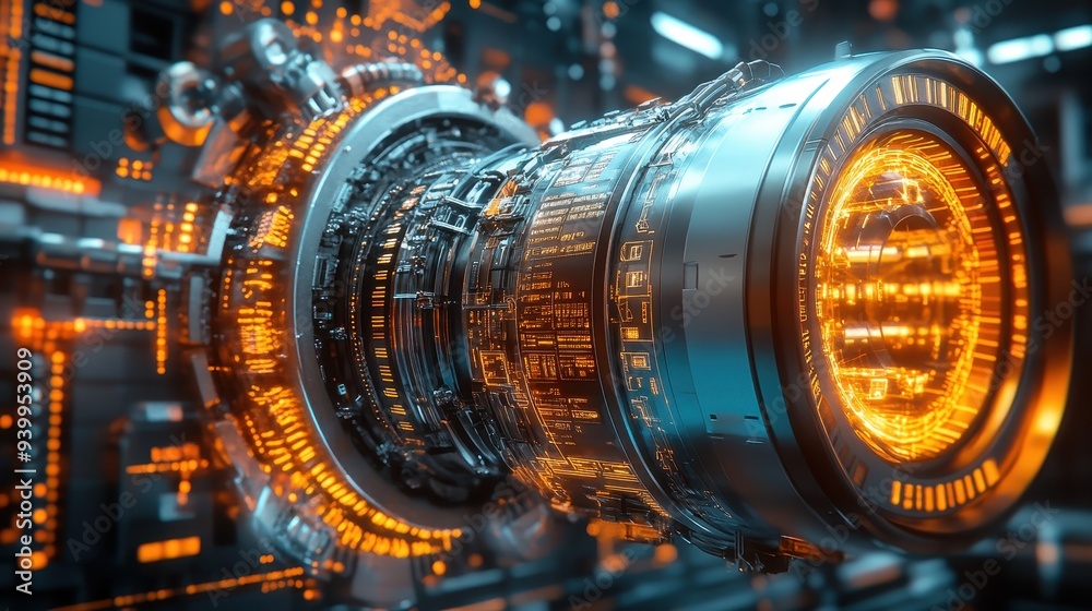Futuristic Technology Glowing Circular Engine with Digital Display Futuristic Technology Glowing Circular Engine with Digital Display