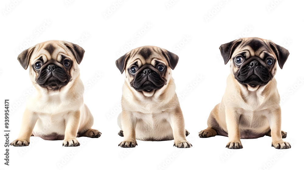 Pug dog collection (portrait, sitting, standing), animal bundle isolated on a white background as transparent PNG Pug dog collection (portrait, sitting, standing), animal bundle isolated on a white background as transparent PNG