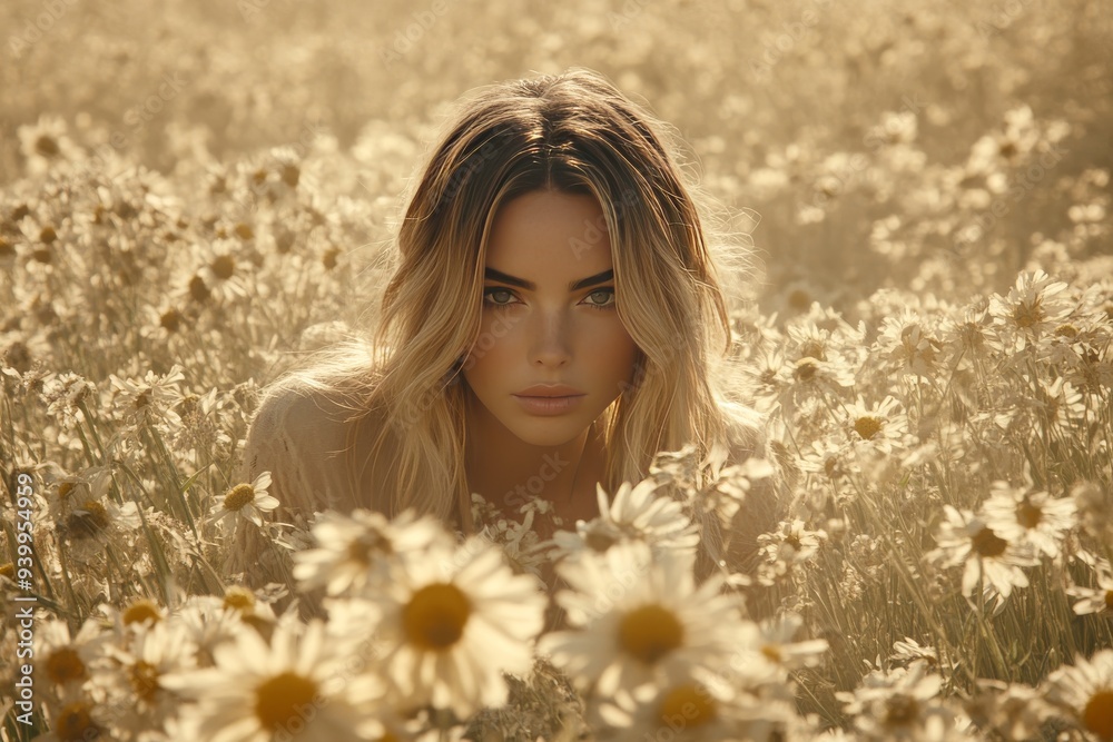 A young woman sitting in a field of golden flowers symbolizing peace tranquility and the serene beauty of nature in a warm sunlit setting