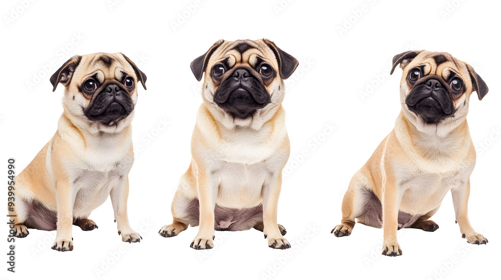 Pug dog collection (portrait, sitting, standing), animal bundle isolated on a white background as transparent PNG Pug dog collection (portrait, sitting, standing), animal bundle isolated on a white background as transparent PNG