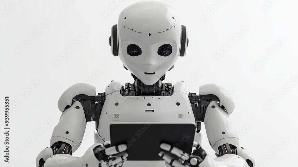 Humanoid AI robot using tablet, isolated on white background, advanced tech Humanoid AI robot using tablet, isolated on white background, advanced tech
