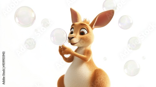 Kangaroo cartoon blowing bubbles, white background, playful and whimsical