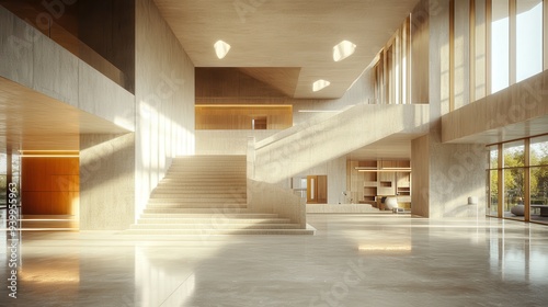 Modern Lobby with Concrete Staircase and Natural Light