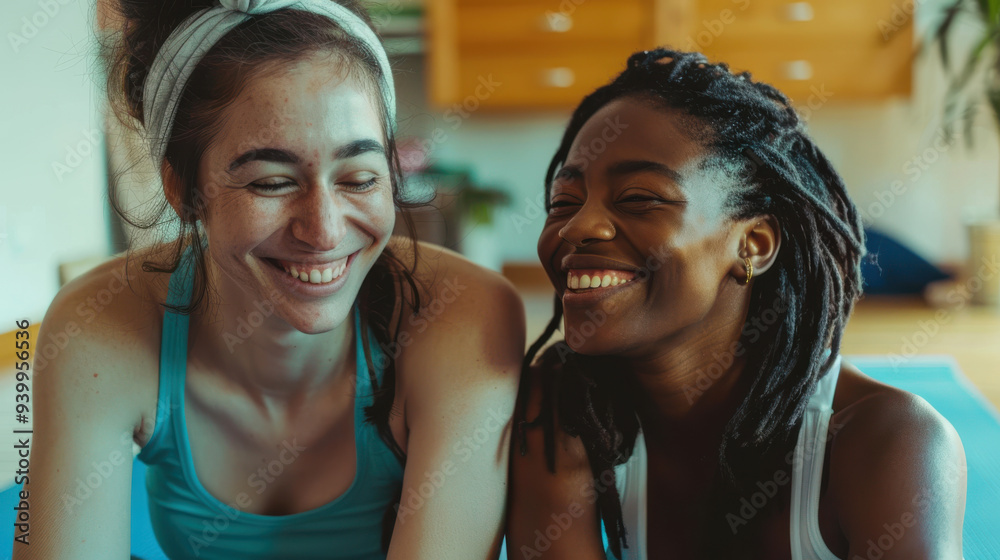 A close-up shot of two women sitting together on a yoga mat, one leaning slightly into the other as they laugh. The A close-up shot of two women sitting together on a yoga mat, one leaning slightly into the other as they laugh. The