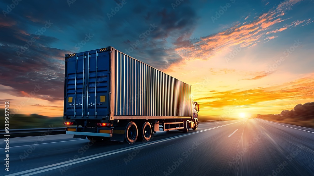 Logistics import export and cargo transportation industry concept of Container Truck run on highway road at sunset blue sky background Logistics import export and cargo transportation industry concept of Container Truck run on highway road at sunset blue sky background