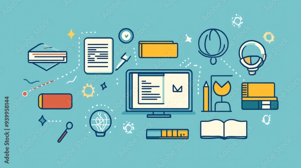 Education graphic with icons representing key learning tools, including textbooks, computers, and study guides Education graphic with icons representing key learning tools, including textbooks, computers, and study guides
