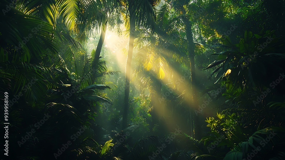 Dark rainforest, sun rays through the trees, rich jungle greenery. Atmospheric fantasy forest Dark rainforest, sun rays through the trees, rich jungle greenery. Atmospheric fantasy forest