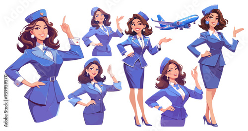 Stewardess. flight attendant, young woman uniform cap skirt blue airplane vector illustration set