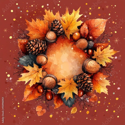 Watercolor Autumn Wreath with Acrons, Pinecones, and Fall Leaves photo