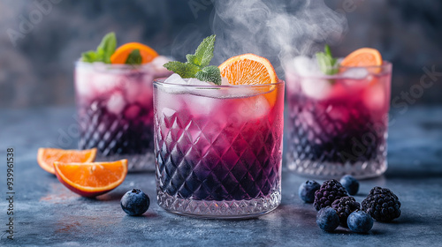 Smoky Sunset Cocktails: Three vibrant, smoky cocktails chilled with ice, blueberries, orange slices, and mint, set against a cool, textured background