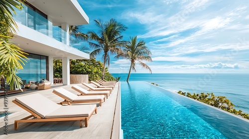 Sea view.Luxury modern white beach hotel with swimming pool. Sunbed on sundeck for vacation home or hotel