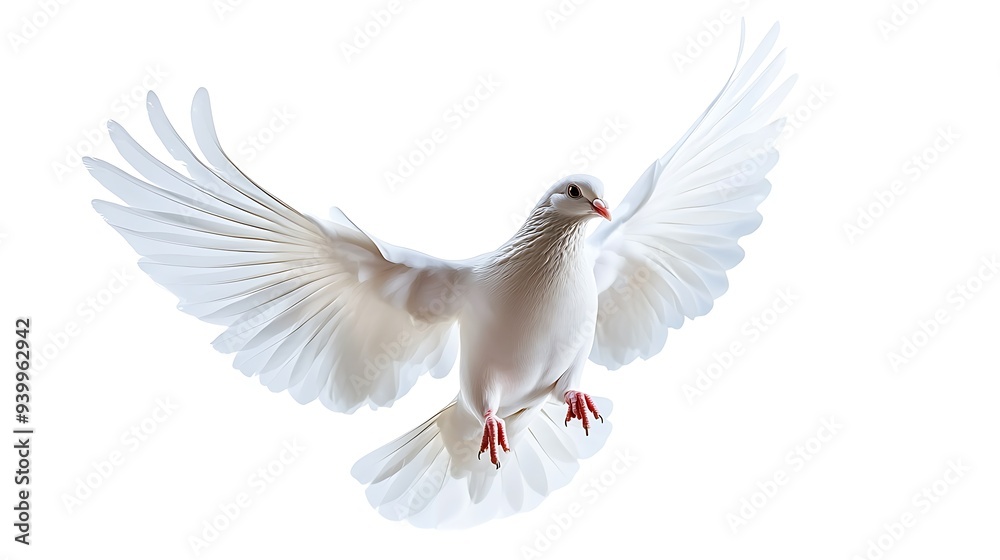 Fototapeta premium A free flying white dove isolated on a white background