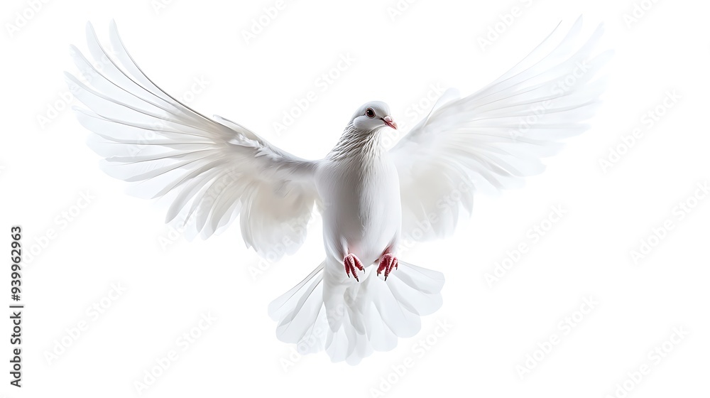A free flying white dove isolated on a white background A free flying white dove isolated on a white background