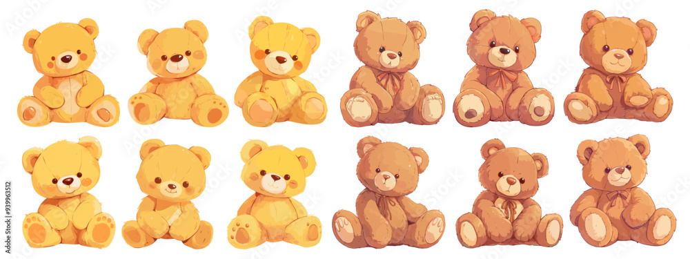teddy bear. soft plush toy, child sitting fluffy animal cute brown yellow bow vector illustration set