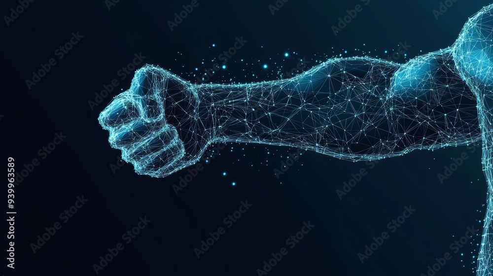 Human power low poly wireframe banner template. Polygonal physical strength, strong bodybuilder, athlete body mesh art illustration. 3D male hand muscles, flexed biceps with connected dots. Human power low poly wireframe banner template. Polygonal physical strength, strong bodybuilder, athlete body mesh art illustration. 3D male hand muscles, flexed biceps with connected dots.