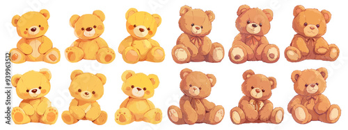teddy bear. soft plush toy, child sitting fluffy animal cute brown yellow bow vector illustration set