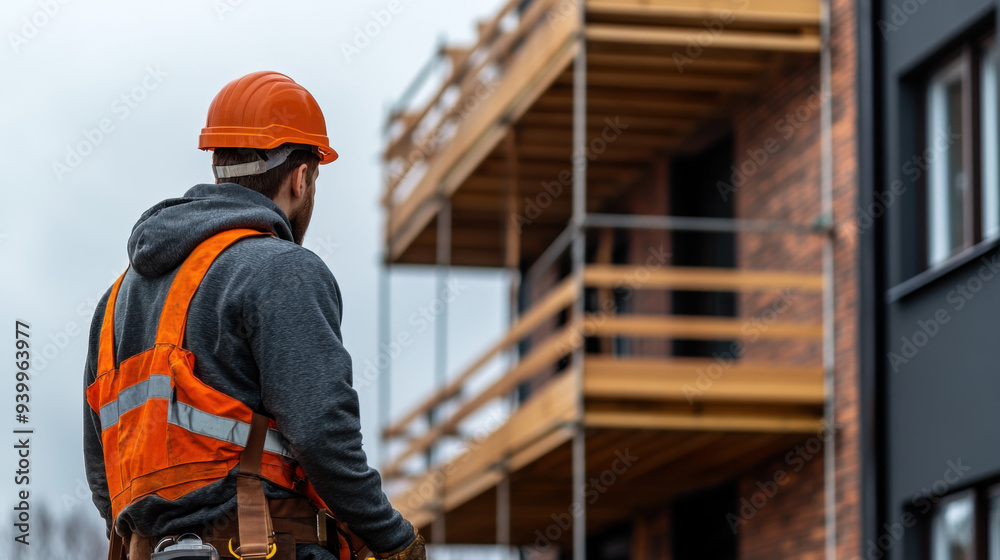 A construction worker in a hard hat and safety vest observing the structure of a new building, emphasizing progress and supervision. A construction worker in a hard hat and safety vest observing the structure of a new building, emphasizing progress and supervision.