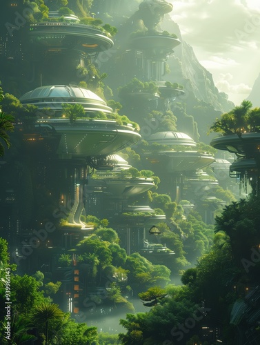 Futuristic Vertical Gardens and Skyscrapers in a Misty Horizon. Ai Generated