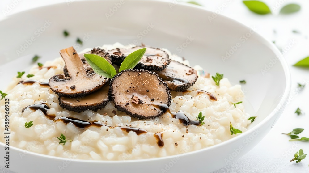 Creamy Mushroom Risotto with Balsamic Glaze and Thyme Garnish Creamy Mushroom Risotto with Balsamic Glaze and Thyme Garnish