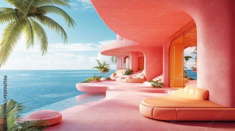 Obraz premium Modern Minimalist Pink Architecture Design Sea View Terrace