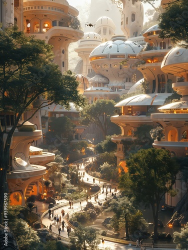 Futuristic Vertical Gardens and Skyscrapers in a Misty Horizon. Ai Generated
