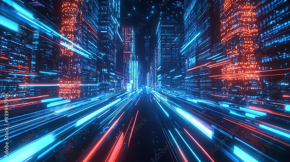 Fototapeta premium Speed light trails path through smart modern mega city and skyscrapers town with neon futuristic technology background, future virtual reality, motion effect, high speed light