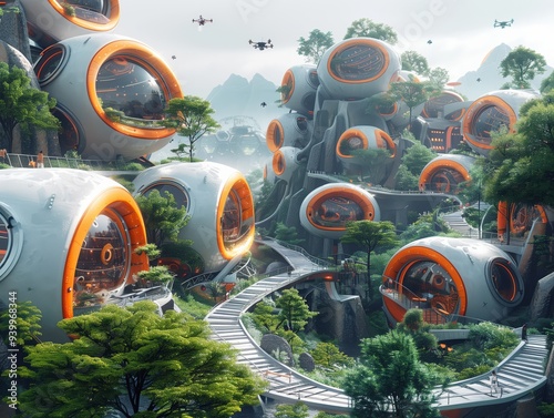 Futuristic Vertical Gardens and Skyscrapers in a Misty Horizon. Ai Generated