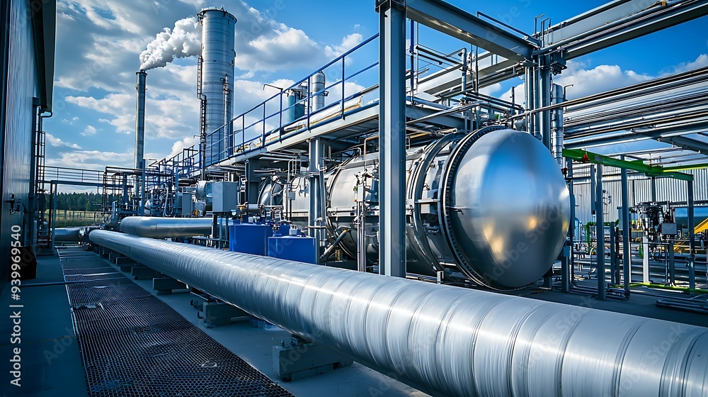 Hydrogen power plant, large steel tanks and pipes, wide angle photo. Clean H2 energy concept Hydrogen power plant, large steel tanks and pipes, wide angle photo. Clean H2 energy concept