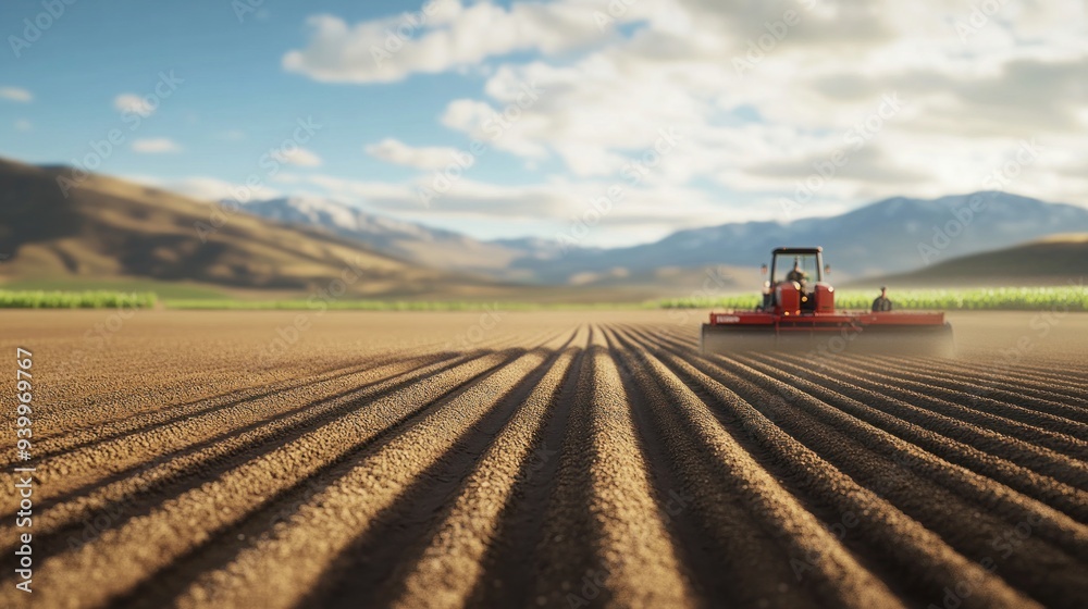 Tractor Plowing Field in Mountain Valley Tractor Plowing Field in Mountain Valley