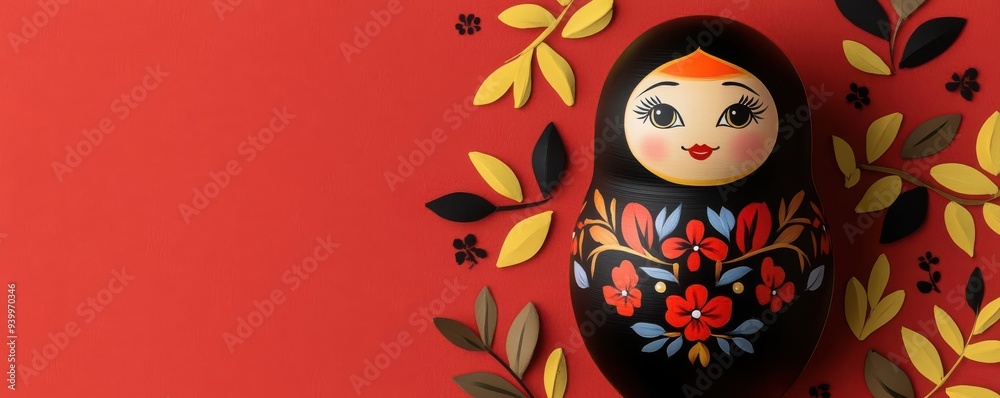 A traditional Russian matryoshka doll, surrounded by folk patterns and bright colors, stylized illustration, intricate details A traditional Russian matryoshka doll, surrounded by folk patterns and bright colors, stylized illustration, intricate details