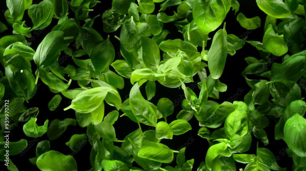 Super Slow Motion Shot of Rotating Fresh Basil Leaves Exploded Towards Camera at 1000fps. Super Slow Motion Shot of Rotating Fresh Basil Leaves Exploded Towards Camera at 1000fps.