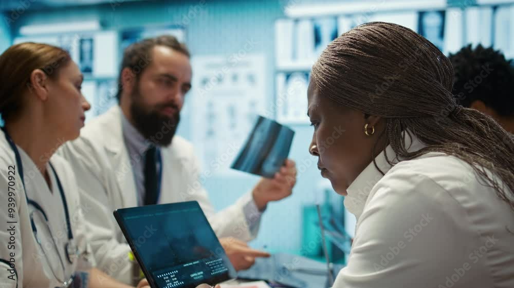 Radiologists diverse team reviewing x rays to discuss patient care in a facility. Team of skilled healthcare specialists working together to provide accurate diagnosis and treatment plans. Camera B.