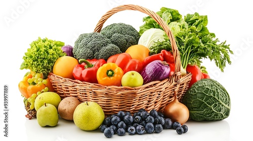 Vegetables and fruits in wooden basket for healthy food concept isolated on white background.