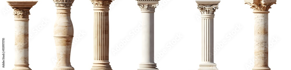 Set of 6 Classic Stone Columns Isolated on White Background. Set of 6 Classic Stone Columns Isolated on White Background.