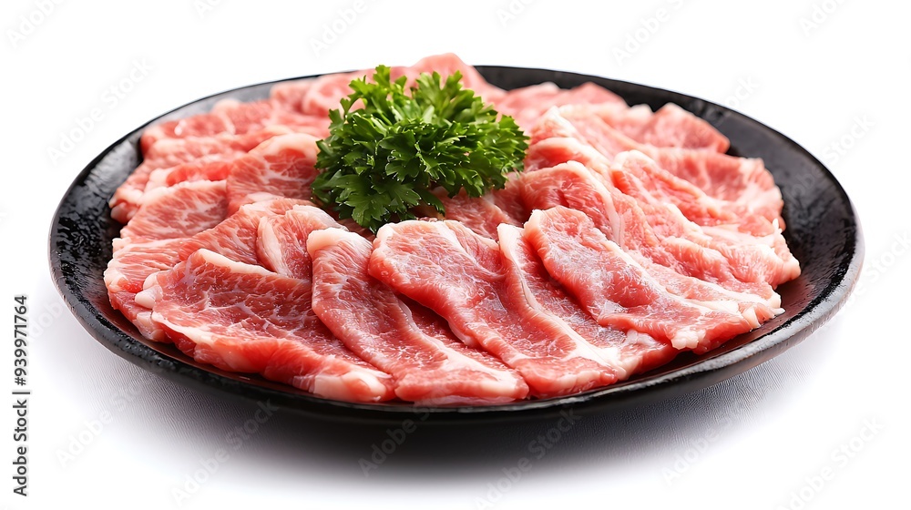 pile of meat pork slices thinned for cooking and shabu suki japanese food,isolated on white background pile of meat pork slices thinned for cooking and shabu suki japanese food,isolated on white background