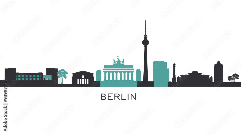 Obraz premium A minimalist vector illustration of the Berlin Germany, skyline with in a white background. The design uses simple shapes and lines.There are silhouettes of buildings in grey and turquoise.