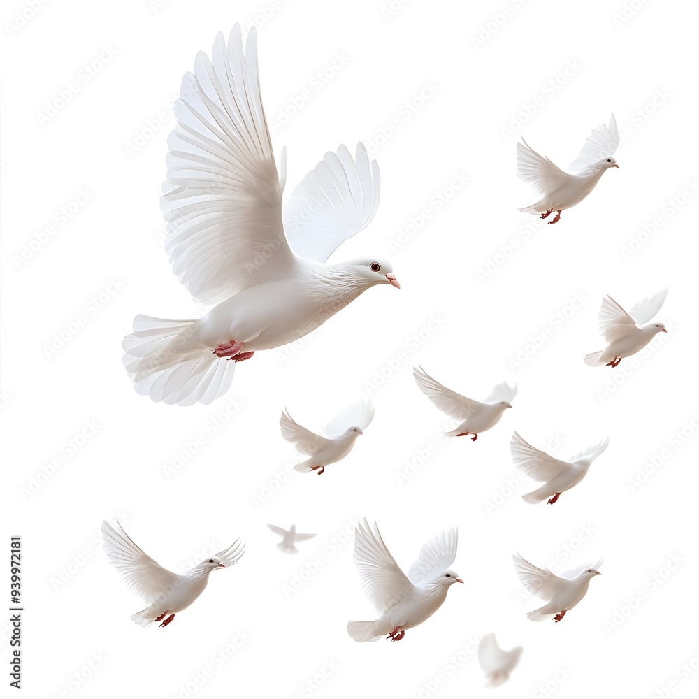 Fototapeta premium Flock of White Doves Flying in Formation.