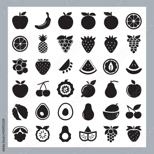 Fruits silhouette icon set, symbol style, Fruits Apple, banana, orange, mango, grape, pineapple, strawberry, watermelon, pear, cherry, kiwi, blueberry, papaya, peach, pomegranate silhouette