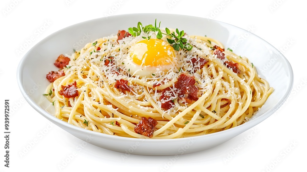 A dish of spaghetti carbonara with crispy pancetta, egg and parmesan cheese isolated on white background. A dish of spaghetti carbonara with crispy pancetta, egg and parmesan cheese isolated on white background.