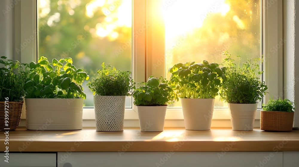 Windowsill with potted plants and sunlight. Windowsill with potted plants and sunlight.